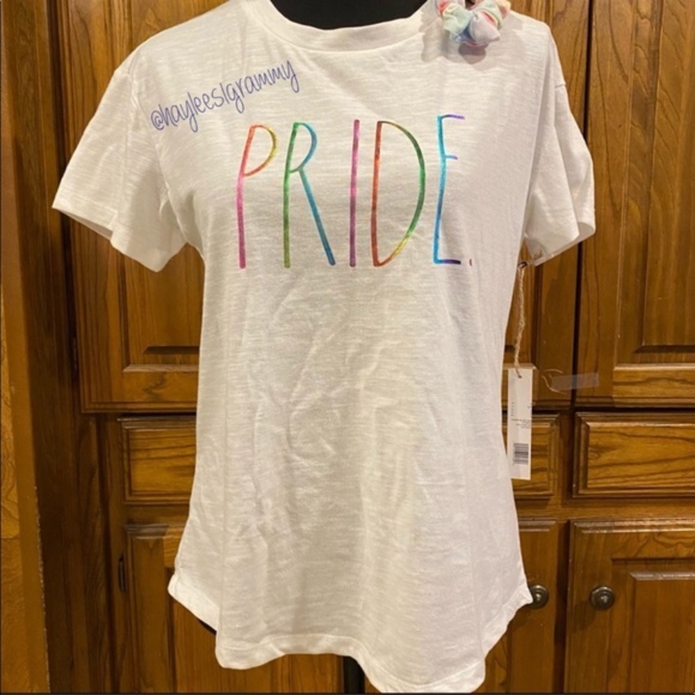 Rae Dunn PRIDE Rainbow Letters White Top with Scrunchie Size SMALL NEW!!